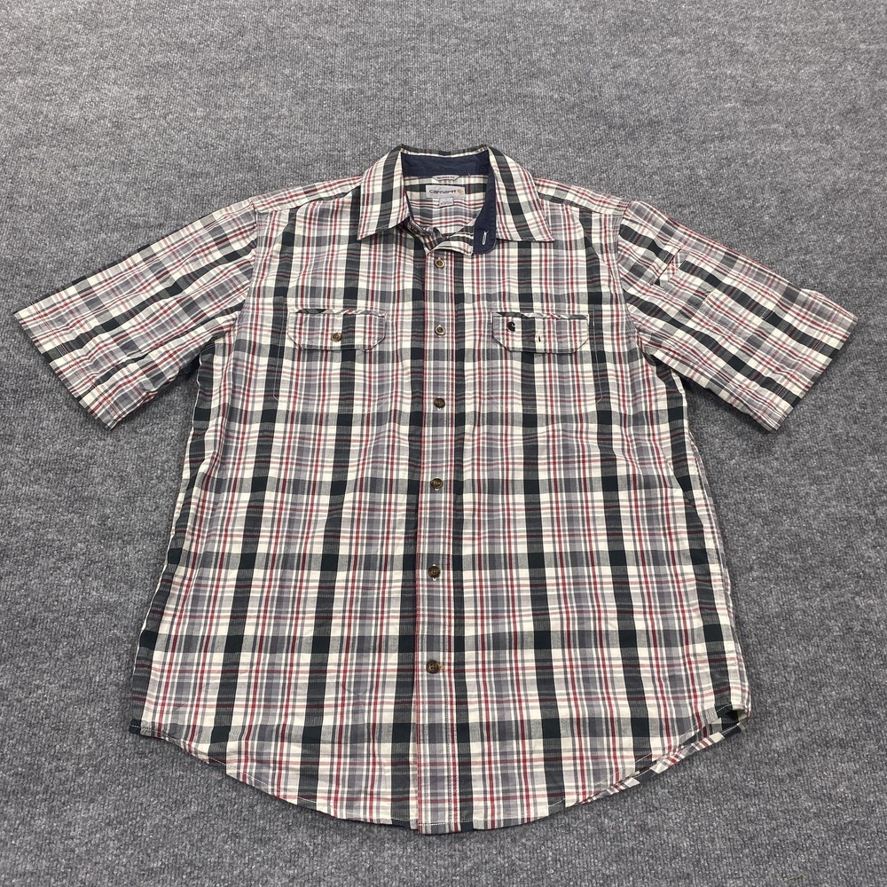Carhartt Shirt Mens Large Blue Plaid Short Sleeve Button Up Relaxed Fit Work